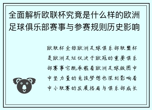 全面解析欧联杯究竟是什么样的欧洲足球俱乐部赛事与参赛规则历史影响